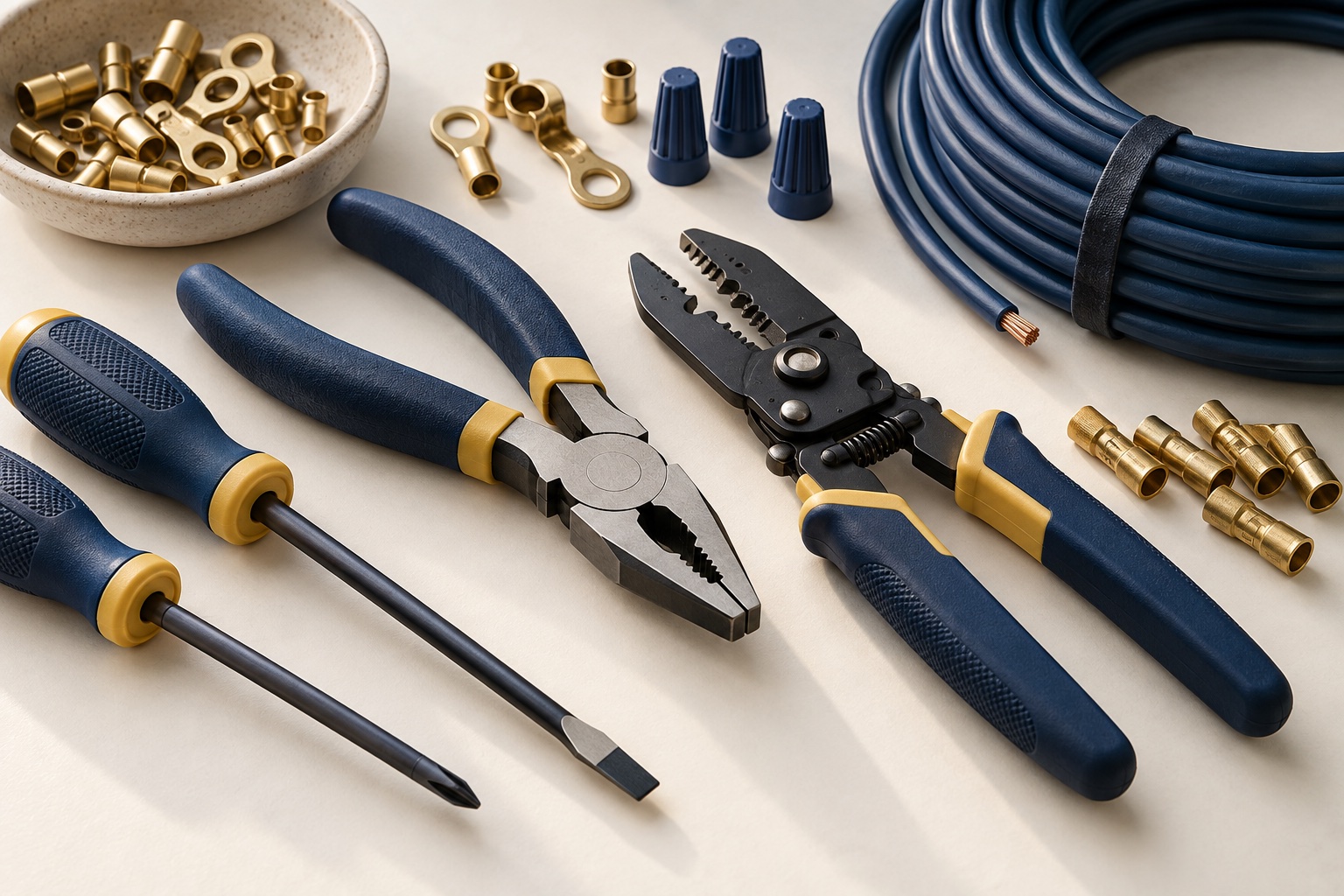 Illustrative still life of electrical hand tools, cable and connectors